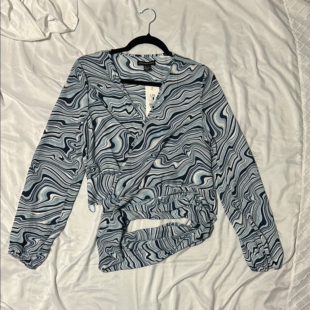 Blue and White Swirl Wrap Blouse